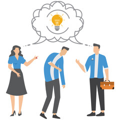 Thoughtful business people brainstorm with identical thinking bubble and lightbulb symbolizing shared ideas for planning success
