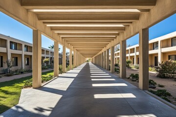 Sun-drenched walkway lined with beige buildings.  A serene, modern architectural pathway