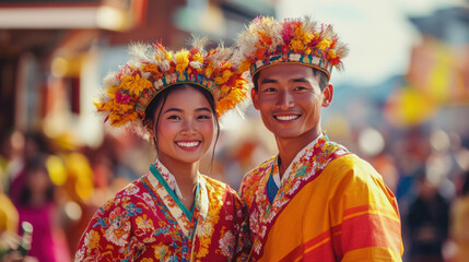 Fototapeta premium Traditional bhutanese festival celebrated by premmytdtd couple bhutan cultural event vibrant atmosphere intimate perspective on local traditions