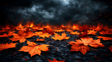 Autumn leaves on dark stone ground with fire and dark cloudy skies