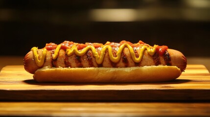 A hot dog with ketchup, mustard, onions, and relish on a wooden board.