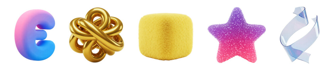 A Collection of Colorful Illustrative Icons Featuring a Gradient Letter, a Golden Knot, a Yellow Square, a Purple Star, and a Wavy Ribbon on a White Background