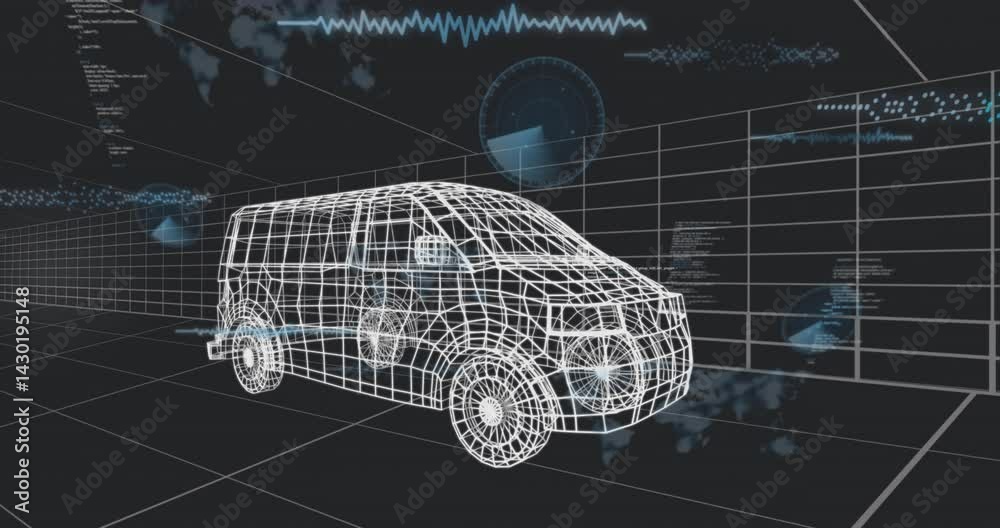 Poster wireframe van model floating in dark virtual grid, displaying waveform graphs, code snippets, radar