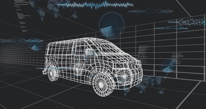 Wireframe van model floating in dark virtual grid, displaying waveform graphs, code snippets, radar