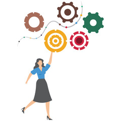 Businesswoman stand on interconnected gear cogwheel symbolizing process and workflow optimization
