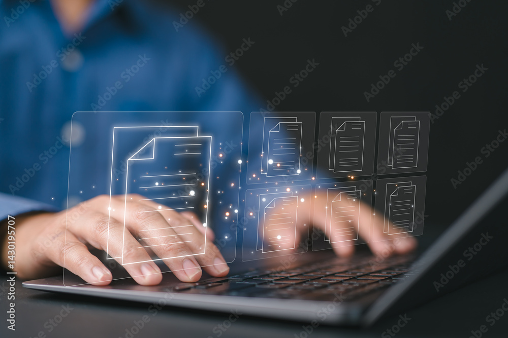 Poster Businessman uses a laptop to manage documents management concept digital document online document database and digital file storage systems, record keeping software database technology