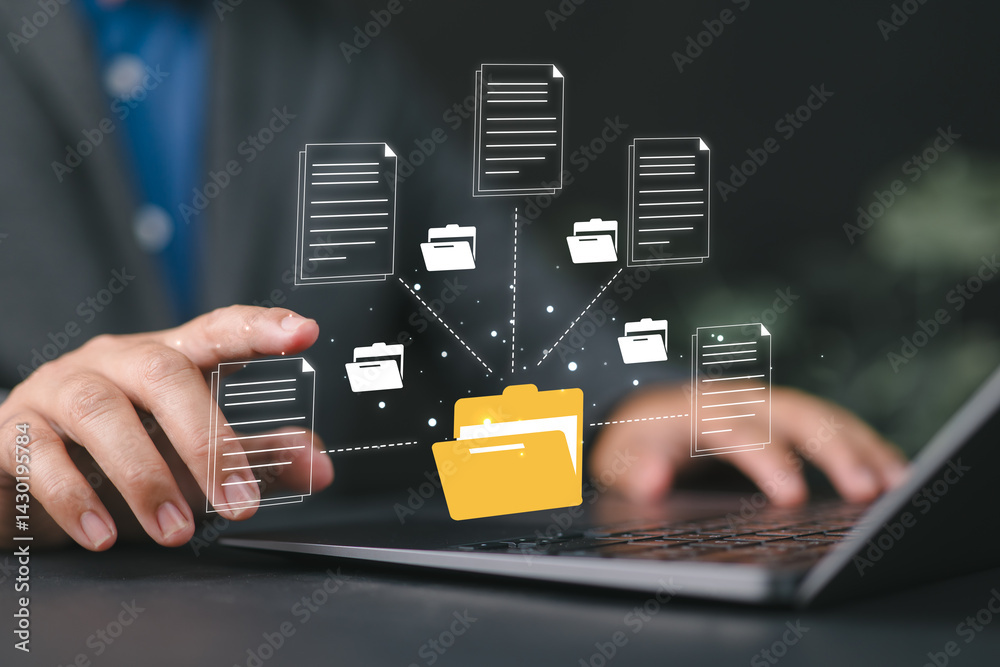 Poster Businessman touching Document Management System (DMS) Online Document Database and automated processes in file management Search and manage document database files online.