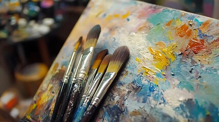Fototapeta premium Close-up captures brushes resting on a vibrant, textured painting palette, showcasing the tools and medium of artistic creation.