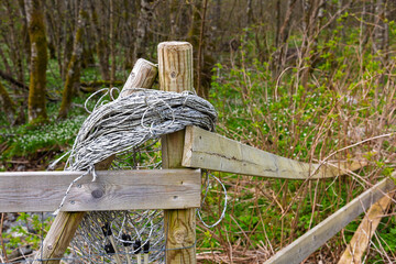 A wooden fence in a serene forest area with green foliage. Rope is tangled on top, showcasing...