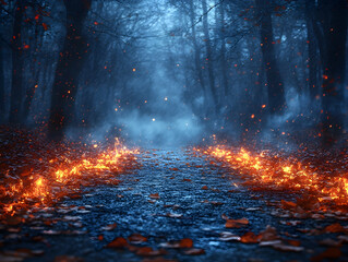 Forest path on fire darkness and smoke Rain pouring leaves falling with a magical mysterious look