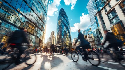 City cyclists commute past modern architecture, showcasing urban vibrancy and eco-friendly transportation in a financial district.