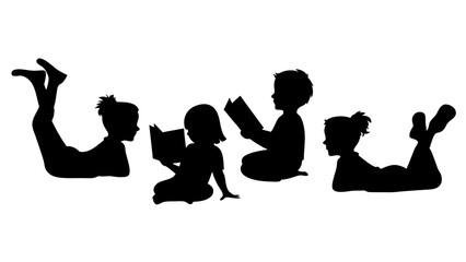 Children reading book silhouette on white background