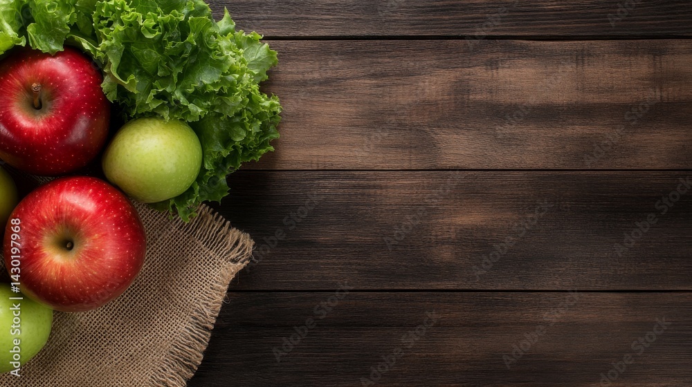Aufkleber Top-down view of colorful fresh produce on a rustic wooden table with a burlap cloth. Features vibrant apples and crisp lettuce for a natural presentation