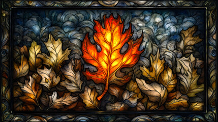 Autumn leaves warm reds and yellows contrasting with cool blue backgrounds in decorative textured frame