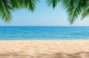 Scenic beach view with palm trees and ocean waves on a sunny day under a clear blue sky