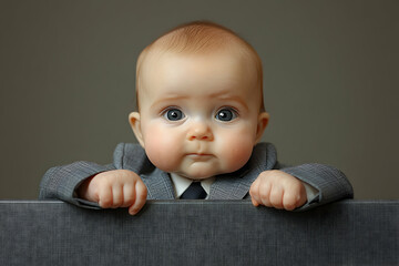Baby with round face blue eyes and a gray suit Hands rested on a gray textured surface Gray background