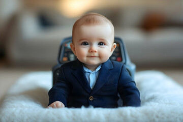 A baby smiles in a tiny suit and shirt propped on a fluffy white surface with furniture softly blurred behind