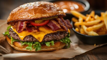 A double cheeseburger with bacon, tomato, lettuce, and sauce, accompanied by french fries.