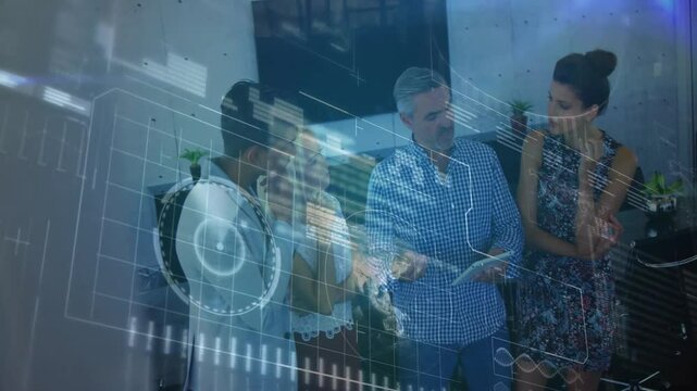 Business professionals discussing project data in modern office, with animated graphs and world map