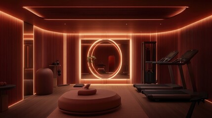 Luxurious, modern exercise room with warm lighting.