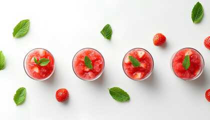 Naklejka premium Strawberry granita with mint (frozen dessert) in portion glasses on white background with copy space