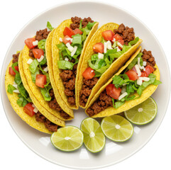 Delicious Tacos with Ground Beef Lettuce Tomatoes Cheese and Lime Wedges