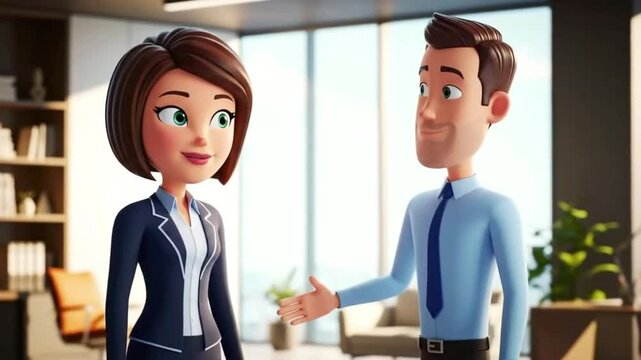 Two Business 3d cartoon people shaking hands in office..business people talking