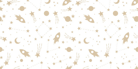 Celestial warm neutral beige and white fast rocket ships galaxy seamless pattern with stars, vector wallpaper design