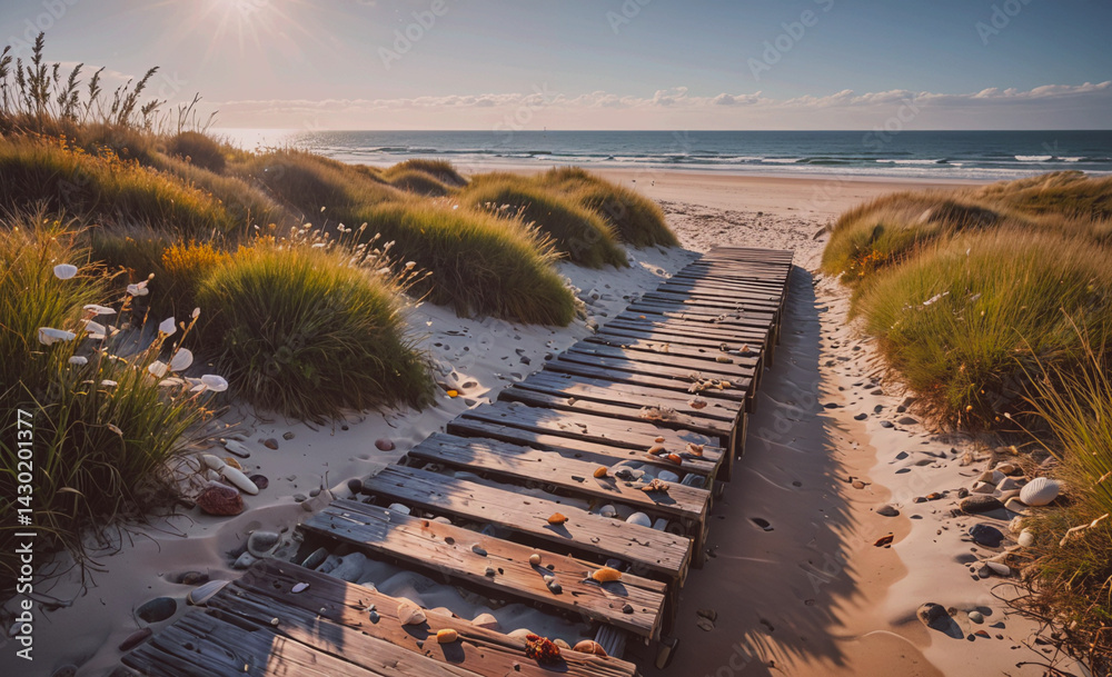 Aufkleber beach walkway with a wooden boardwalk and a rocky beach. the beach is lined with tall grass and ther
