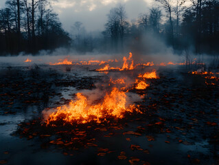 Marsh ablaze under a smoky sky trees silhouetted in the distance Intense heat rises from the water and brush