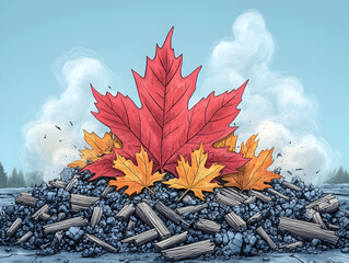 Autumn leaves rest on stone fragments Clouds in the sky  trees in the background provide a serene view