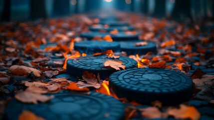 Stone path through the forest covered with autumn leaves Moody blue and orange color palette