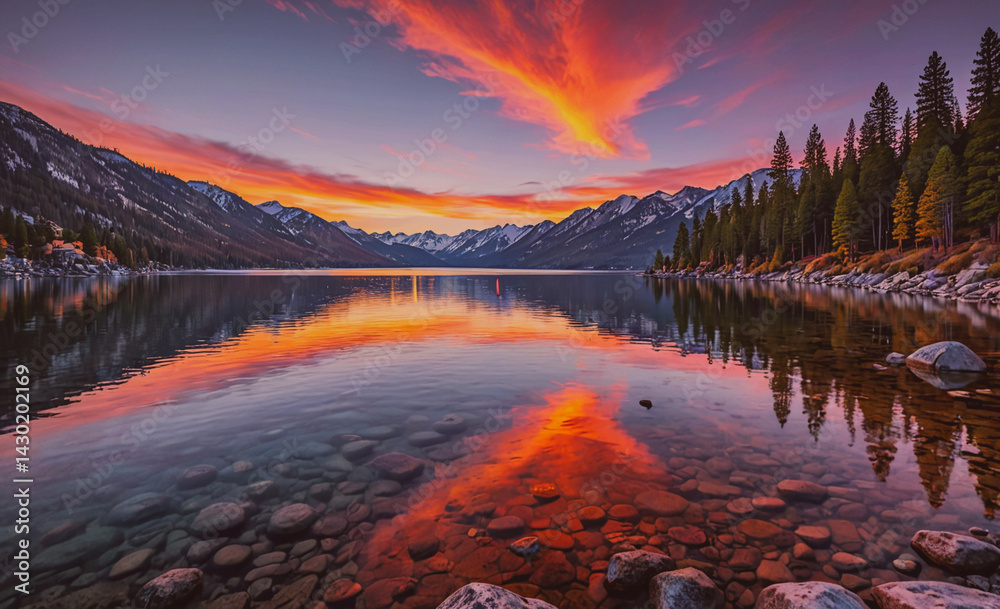 Aufkleber beautiful lake with a red and orange sky in the background. the sky is filled with clouds and the su