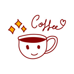 Adorable hand-drawn coffee cup mascot with sparkles and handwritten “coffee” text with a heart. Perfect for branding, stickers, prints, or cafe-themed designs.
