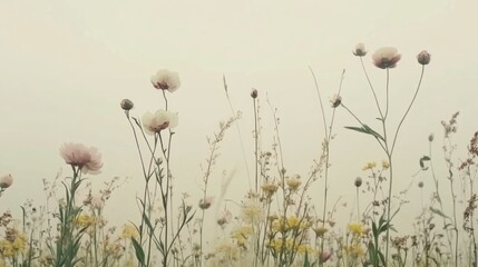 Fototapeta premium Soft pastel wildflowers stand in a hazy field.