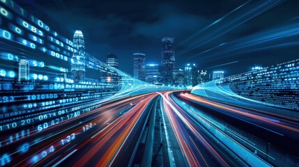 Fototapeta premium Digital Cityscape: Highway of Data and Light