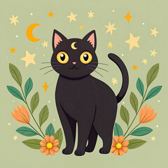 Adorable Black Cat with Crescent Moon and Stars Magical Illustration