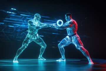 Naklejka premium Virtual martial artists engage in an intense holographic combat demonstration