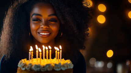 Smiling Black woman blowing out birthday candles in warm light