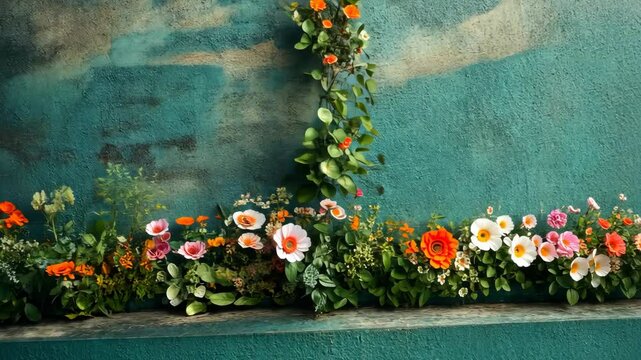 Flowers blooming at foot of textured wall in dreamy, serene, outdoor setting