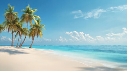 dreamy tropical beach scene showcasing soft white sand, clear blue water, and swaying palm trees evokes sense of tranquility