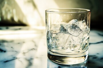 Refreshing glass of water with ice cubes on a marble surface.  Sunlight highlights the ice