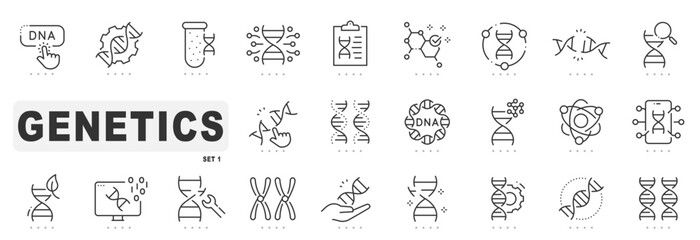 Set of genetic related line icons. DNA, genome, research etc. Editable stroke