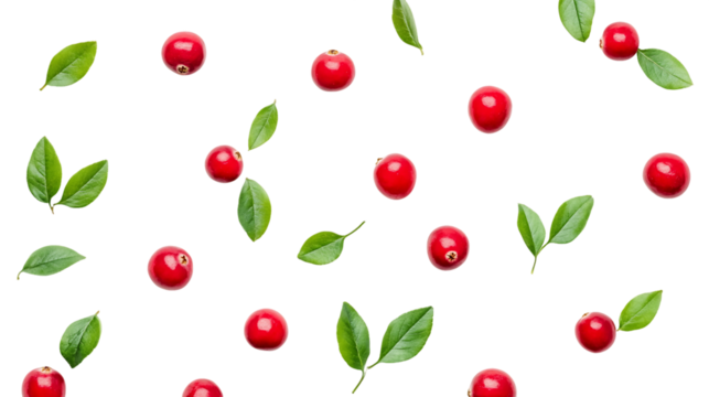 Red Berries and Green Leaves on Transparent Background, PNG