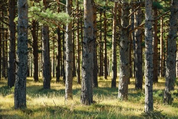 Obraz premium Dense forest with tall trees and grassy undergrowth.