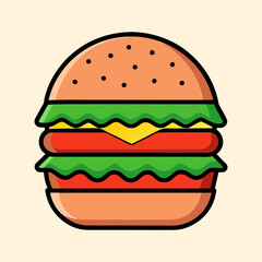Colorful Cartoon Burger with Lettuce, Cheese, Tomatoes, and Sesame Seed Bun