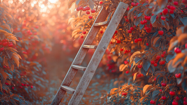 Old wooden ladder leaning against cherry tree in rural orchard
