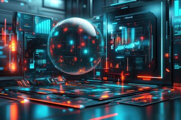 Obraz premium Futuristic technology sphere in a high-tech server room, glowing with vibrant digital displays and glowing holographic elements. Intricate data visualizations 
