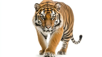 Fototapeta premium Bengal Tiger Strides Confidently Forward Against a White Studio Background Showcasing Its Powerful Presence and Intense Gaze Generative AI