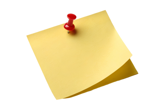 yellow sticky note, Yellow sticky post it note with red pushpin on transparent background 